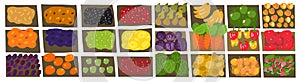 Street market pattern background. Fruits, nuts and vegetable shop sketch set. Hand drawn. Vector cartoon horizontal