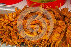 The street market. Sale. Fried shrimps. Kuching, Sarawak, Borneo, Malaysia