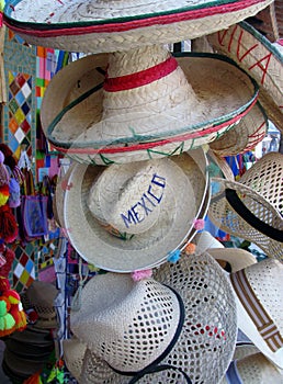 Street market selling hats and souvenirs in Sayulita, Nayarit, Mexico