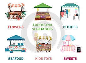 Street market stalls flat vector illustrations set. Fair, funfair trade tents, outdoor kiosks and carts, trolleys. Urban festival