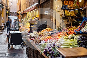 Street with market stalls full of fresh local food in Italy