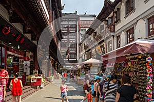 Street markets and tourist shops at the Old City God Temple commercial area in the old part of Shanghai, China