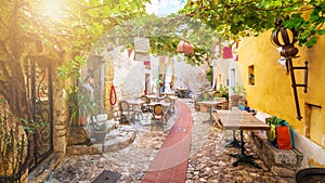 Street in medieval Eze village, french Riviera coast, Cote d`Azur, France