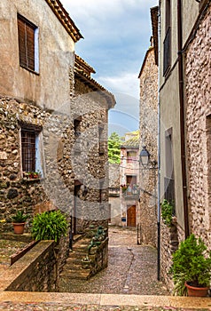 Street in the medieval village Besalu, Catalonia, Spain