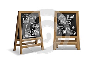 Street menu. Black wooden board front and side view. Hot and cold drinks, street food chalk drawing sketch, outdoor