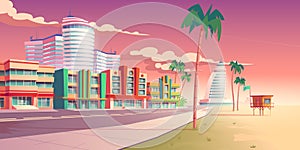 Street in Miami with hotels and sand beach