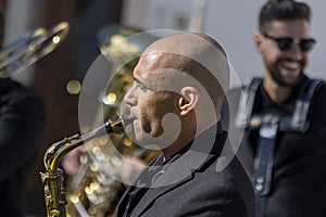 Street music band performing at a outdoor festival