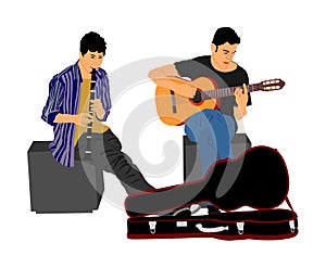 Street music performers with guitar and flute, clarinet vector illustration isolated on white background. Guitar player duet.