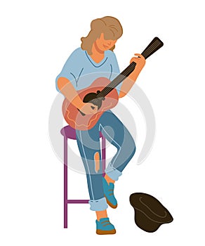 Street musician guitar player - professional artist or performer, flat vector.