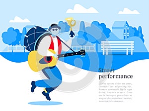 Street musician. Man band. Street performance. Vector illustration.