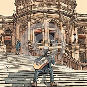 Street Musician Playing Guitar at Opera House Steps
