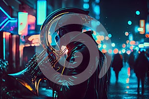 Street musician plays music on the french horn in the evening street with neon lights background