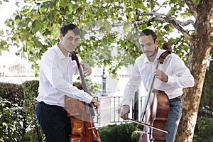 Street musicians in big city playing on instrument