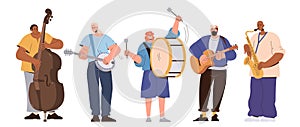 Street musicians cartoon characters, diverse music artist band performance vector illustration