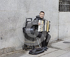 Madrid, Spain, Street musician on the street in Madrid.