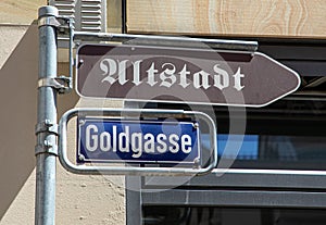 street name Goldgasse and Altstadt - engl: road of gold, old town - in detail in the city of Wiesbaden, Hesse