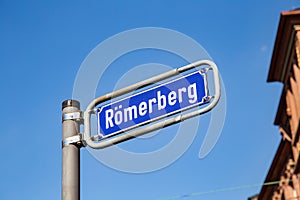 street name Roemerberg - engl. Mountain of the romans - at the central market square in Frankfurt photo