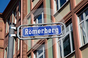 street name Roemerberg - engl. Mountain of the romans - at the central market square in Frankfurt photo