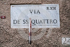 Street name sign of Via dei Santi Quattro, Rome, Italy