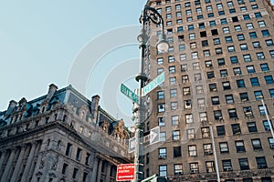 Street name signs on the corners of Duane and Centre streets in New York City, USA