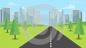 Street nature landscape with modern city backgroud vector illustration.Urban town cityscape and nature road