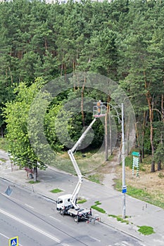 On the street near the forest, an electrician in a crane bucket is repairing a street lamp. Working repair of a street lamp at a