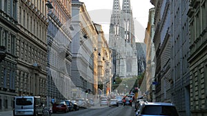 street near freud museum, votive church at background, vienna, austria