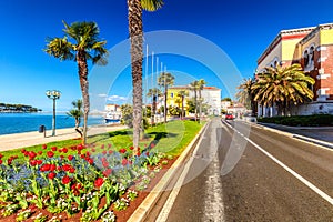 Street near the harbor in the city of Porec town on Adriatic sea.