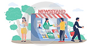 Street newsstand with saleswoman, people buying reading newspapers and magazines, vector flat illustration photo