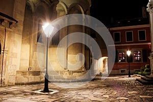 Street at night in the old town of Lviv, Ukraine.