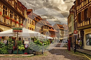 Street in Obernai village, Alsace, France