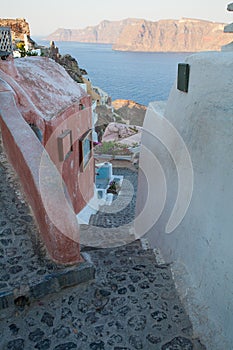 Street in Oia village, Santorini island in Greece