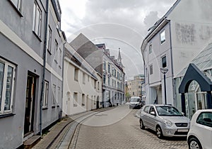 Street of the old Danish town of Aalborg, Denmark.