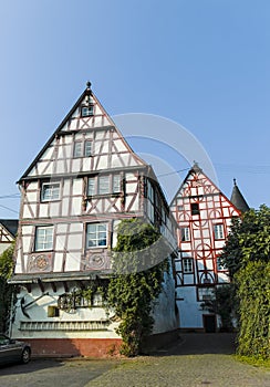 Street in old German town with traditional medieval timber framing houses