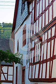 Street in old German town with traditional medieval timber framing houses