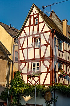 Street in old German town with traditional medieval timber framing houses