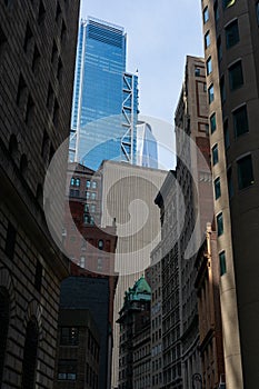 Street with Old and New Buildings and Skyscrapers in Lower Manhattan of New York City