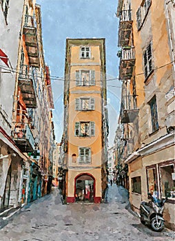Street in old Nice in France. Digital illustration in watercolor style