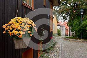 Street in the old part of Vasteras town with traditional wooden