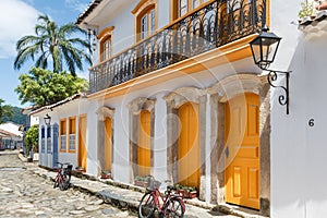 Street and old portuguese colonial houses in historic downtown i