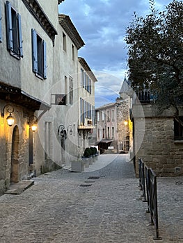 Street in the old town Carcassonne during the dawn, Occitania, France, February 2023