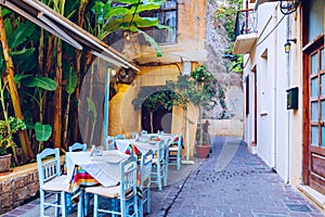 Street in the old town of Chania, Crete, Greece. Charming streets of Greek islands, Crete. Beautiful street in Chania, Crete