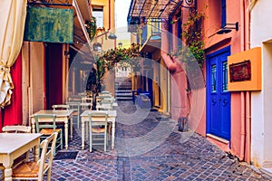 Street in the old town of Chania, Crete, Greece. Charming streets of Greek islands, Crete. Beautiful street in Chania, Crete