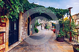 Street in the old town of Chania, Crete, Greece. Charming streets of Greek islands, Crete. Beautiful street in Chania, Crete