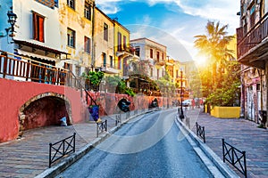 Street in the old town of Chania, Crete, Greece. Charming streets of Greek islands, Crete. Beautiful street in Chania, Crete