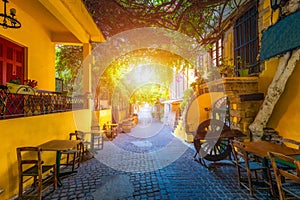 Street in the old town of Chania, Crete, Greece. Charming streets of Greek islands, Crete. Beautiful street in Chania, Crete