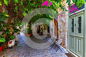 Street in the old town of Chania, Crete, Greece. Charming streets of Greek islands, Crete. Beautiful street in Chania, Crete