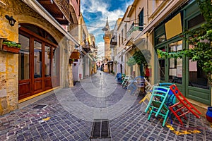 Street in the old town of Chania, Crete, Greece. Charming streets of Greek islands, Crete. Beautiful street in Chania, Crete