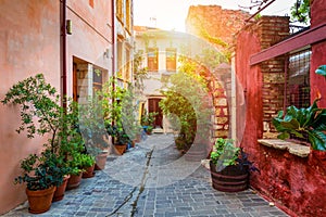 Street in the old town of Chania, Crete, Greece. Charming streets of Greek islands, Crete. Beautiful street in Chania, Crete