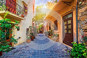 Street in the old town of Chania, Crete, Greece. Charming streets of Greek islands, Crete. Beautiful street in Chania, Crete